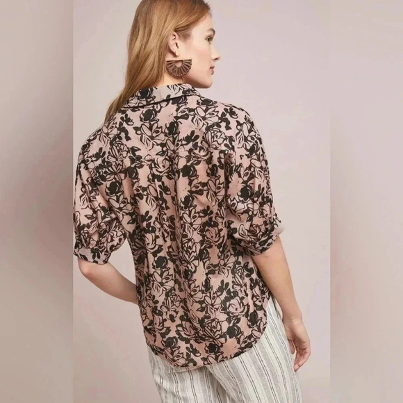 Velvet by Graham & Spencer Pink Black Floral Button Down Shirt Size L - Picture 3 of 10